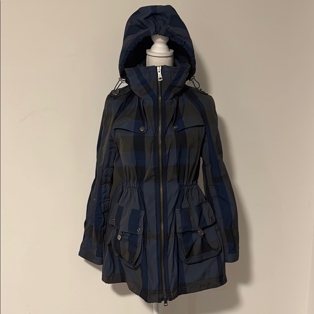 Burberry Brit Blue Plaid Hooded Rain Jacket